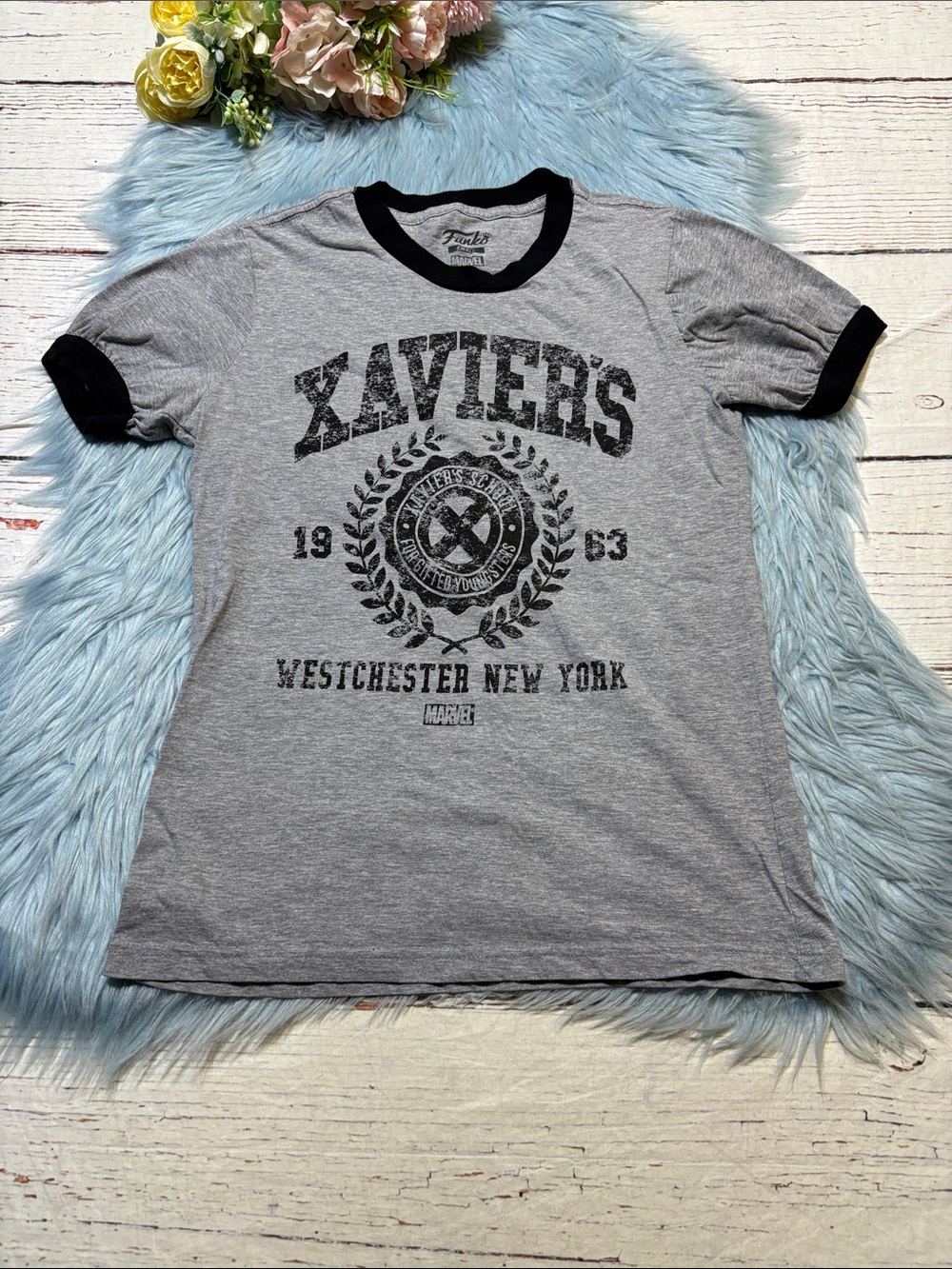 Funko Marvel Gray and Black Xavier Westchester Ringer Tee sz S